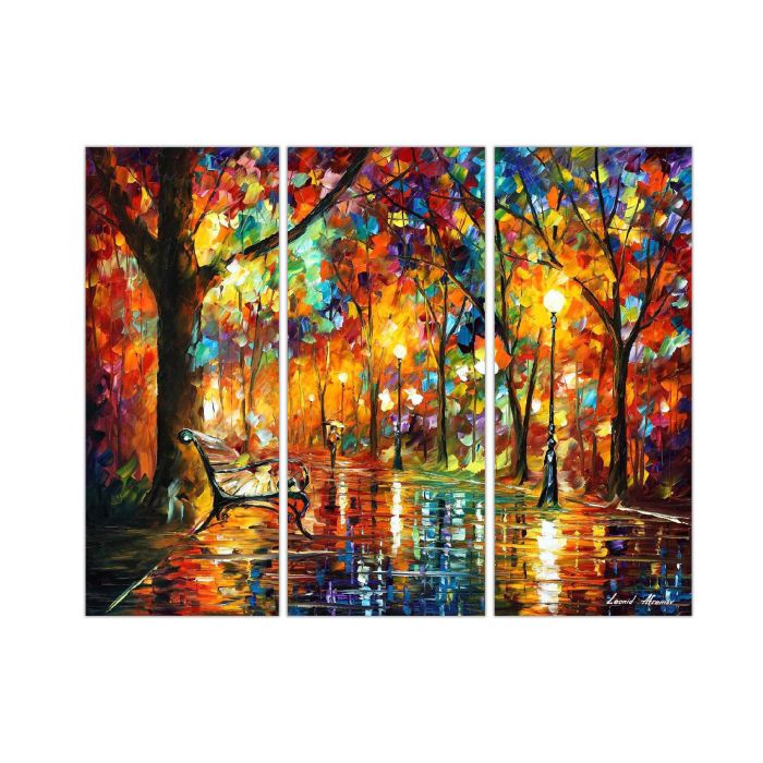 Leonid Afremov, oil on canvas, palette knife, buy original paintings, art, famous artist, biography, official page, online gallery, large artwork, fine, water, landscape, cityscape, fall alley, autumn scene, garden, night park, leaf, rain, walking people